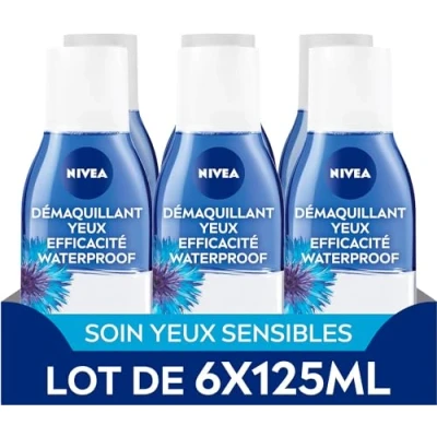 Image de NIVEA démaquillant Yeux Double Action au Bleuet (lot de 6 x 125 ml), waterproof enrichi en eau purifiée, soin visage femme pour tous types peaux