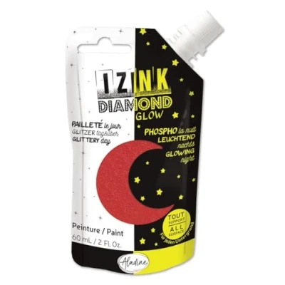 Image de Aladine Izink Diamond Glow Peinture Pailletée le Jour, Phosphorescente la Nuit Ultra Couvrante, Tout Support DIY et Loisirs Créatifs Gourde Souple 60 ml Rouge 82099