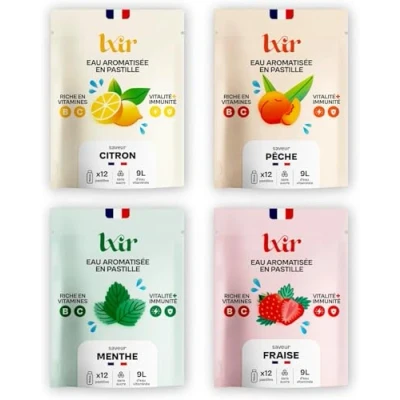 Image de LXIR DRINK Eau aromatisée en pastille sans sucre Boisson multivitamines Vitamines C et B Hydratation quotidienne Beauté de la peau Vitalité 48 pastilles Citron/Pêche/Menthe/Fraise