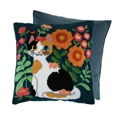 Image de Trimits Kit de coussin au point croix demi croix, dossier inclus, toile pré imprimée, fil et aiguille inclus 40 x cm, chat