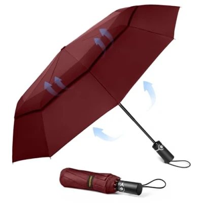 Image de TECKNET Parapluie Pliant Coupe vent, de Voyage Automatique, Grand Résistant au Vent avec 10 Baleines, Golf Solide et Léger, Compact, Rouge