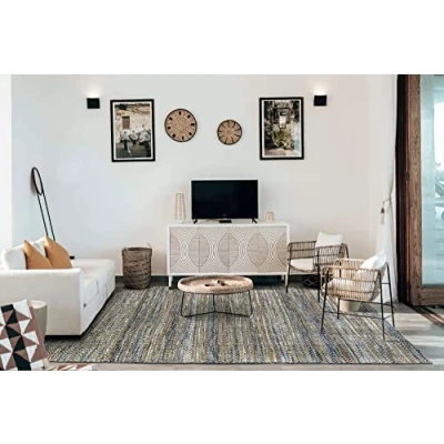 Image de HAMID Tapis en Jute de Laine Olivia, et Tissé à la Main pour Salon, Chambre, Couleur Bleu Marbré, (80x150cm)