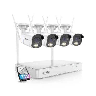 Image de ZOSI 4MP Kit Caméra Surveillance WiFi sans Fil avec NVR 8CH 1 to HDD, Détection de Personne et Véhicule, Audio Bidirectionnel Alarme Sonore Lumineuse, Vision Nocturne Couleur 24/7