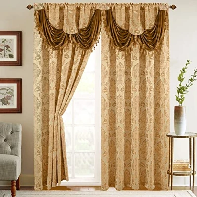 Image de Elegant Comfort Lot de 2 Rideaux Aspect Jacquard avec cantonnière Cascade attachée, 137,2 x 213,4 cm, doré/Camel