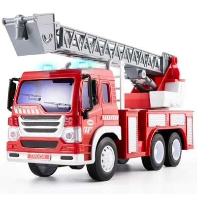 Image de HERSITY Camion de Pompier Jouet avec Sonore et Lumineux, Grand Construction Véhicule Enfant L&#039;échelle Extensible, Friction a Voiture Cadeaux pour Garçon Fille 3 4 5 Ans