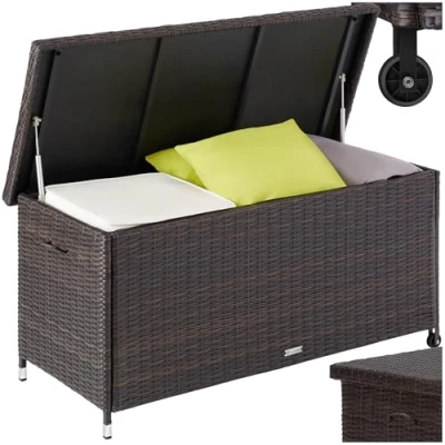 Image de TecTake® Coffre de jardin Exterieur, à Coussins 270 L en Aspect Rotin 120x55x61,5cm avec Roulettes, Couvercle Rabattable, Poignées pour Rangement des Outils Jardin, Matelas, Jouets