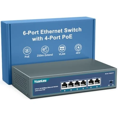 Image de YuanLey 6 Port PoE Switch with 4 PoE+, 802.3af/at 78W Built in Power, Fanless Metal Unmanaged Plug &amp; Play