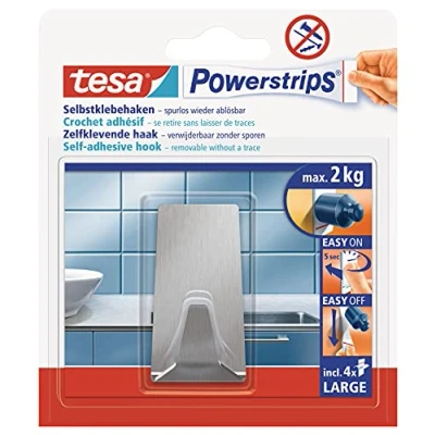 Image de tesa Powerstrips LARGE Crochets Métalliques de Fixation Auto Adhésifs Charge Jusqu&#039;à 2 kg Repositionnables, Forme rectangulaire Pour toute la Maison