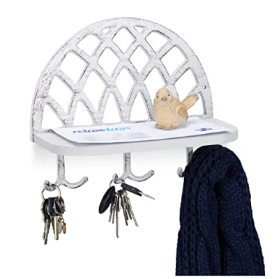 Image de Relaxdays Armoire, Planche à clés, Support et Crochet, Vintage, en Bois, Garde Robe Murale HlP 23x27x12cm, Fonte, Blanc Vieilli, 1 élément