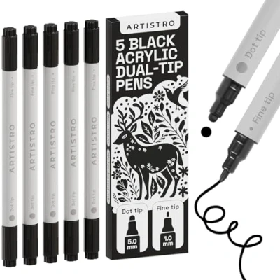 Image de Artistro 5 Noir Feutres de peinture acrylique, stylos dessin ensemble d&#039;art marqueurs acrylique à double pointe (fine 1 mm + point mm) pour tissu, toile, roche, verre, bois, papier
