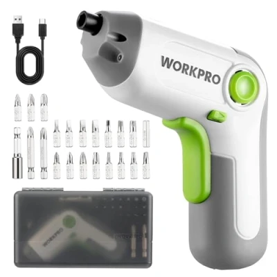 Image de WORKPRO Perceuse Visseuse Sans Fil 6Nm 3,6V, Devisseuse Excentrique avec 21 Embouts, Barre d&#039;Extension, Batterie 2000 mAh, Lumière LED, Câble USB, Boîte de Rangement, pour Bricolage, Blanc