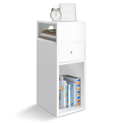 Image de vounot® Table de Chevet Étroite 25x30x66cm Lit avec 2 Compartiments Ouverts et 1 Tiroir Nuit Moderne pour Chambre à Coucher Salon Blanc