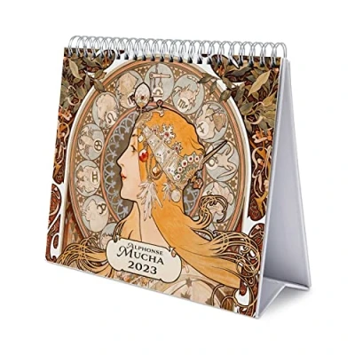 Image de Grupo Erik Calendrier de Bureau 2023 Alphonse Mucha 12 Mois, 20 x 18 cm, Mensuel en Français, Janvier à Décembre 2023, Certifié FSC, avec Support Rigide, CS23032