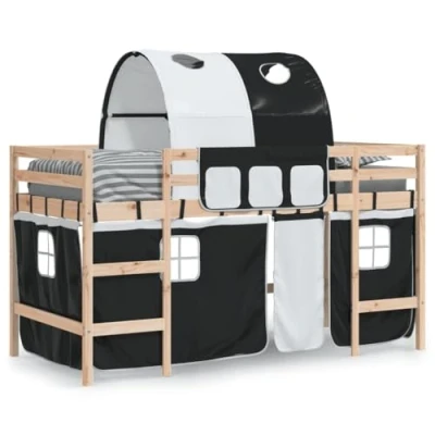 Image de vidaXL Lit Mezzanine Enfants et Tunnel, Surélevé pour avec Échelle, Meuble de Rangement Chambre, Moderne, Blanc Noir 90x200 cm Pin Massif