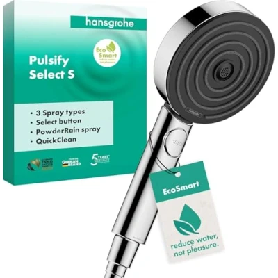 Image de hansgrohe Pulsify Select S Pommeau de douche économie d&#039;eau avec 9 l/min (EcoSmart), Douchette à main 3 types jet (Edition Relaxation), ronde (diamètre 105 mm), Chromé