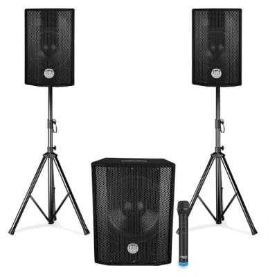 Image de Pack Sono triphonique BM Bmsonic 1208, Caisson bi amplifié 1000W USB Bluetooth, 30cm, 2 SAT 8&quot; 2x200W, câbles, pieds, Micro VHF