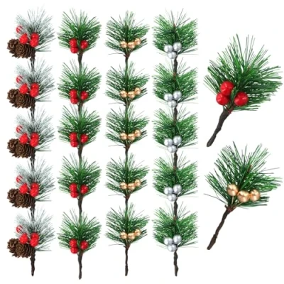 Image de Volumoon 20 Pièces Noël Branches de Baies Pin,Branches Pin artificielles avec Baies,Pommes Fleurs Artificielles,pour couronnes Noël,décorations Mariage et Vacances