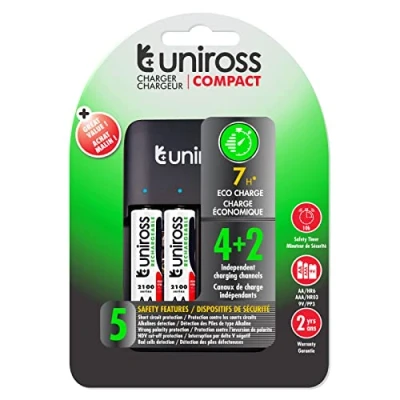 Image de Uniross Chargeur compact 4+2 AA AAA 9 V + 4 piles rechargeables 1,2 2000 mAh
