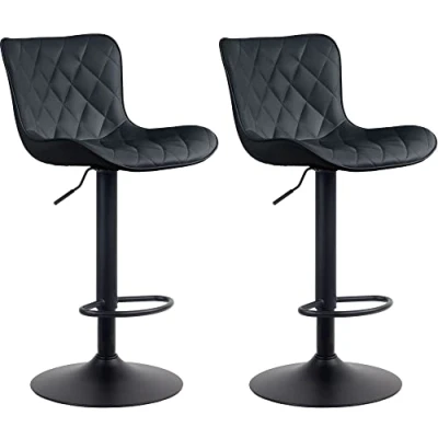 Image de CLP Lot De 2 Tabourets Bar Emma Similicuir Tissu Velours I Chaises Hautes Réglables Pivotant Pied Métal Repose Pieds, Couleur:Noir, Matériel:Similicuir