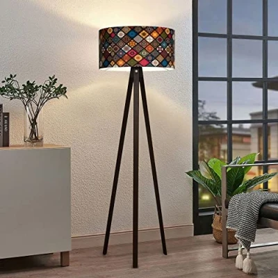 Image de lux.pro Lampadaire Stylé Trépied Lampe sur Pied MDF Tissu Douille E27 Hauteur 140 cm Noir Multicolore