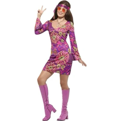 Image de Smiffys Costume hippie fille, Multicolore, avec robe, fichu et médaillon