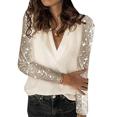 Image de LAZIRO Chemise à Manches Longues Coutures PailletéEs pour Femmes, Printemps Et Automne Col en V Ample Femmes