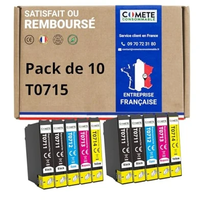 Image de COMETE, Marque Française T0715 10 Cartouches d&#039;encre Compatibles pour Epson Guépard (T0711 + T0712 T0713 T0714) Cartouche Stylus (4 Noir 2 Cyan Magenta Jaune)