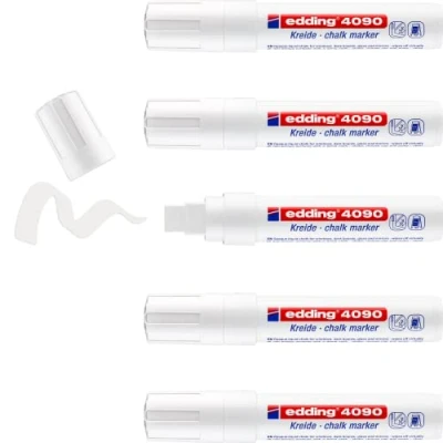 Image de edding 4090 Marqueur craie liquide blanc 5 feutres pointe biseautée 4 15 mm feutre effacable pour écrire sur les vitres,le verre ardoise aux couleurs opaques