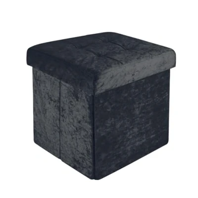 Image de Intirilife Pouf Pliable 30x30x30 cm en Velours Noir Cube de siège avec Couvercle et Espace Rangement Tissu Creux Sitzcube Repose Pieds Coffre