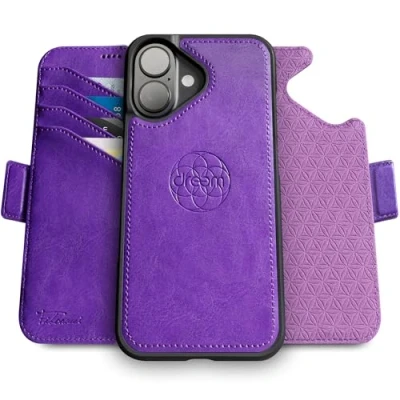 Image de dreem Fibonacci Compatible avec iPhone 16 funda cartera / 2 en 1 étui Antichoc et Folio Amovible Cuir végétal, MagSafe, Protection RFID [Pourpre]