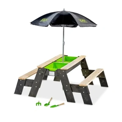 Image de EXIT Toys Aksent Table de Pique Nique en Bois, Sable &amp; d&#039;Eau Jeu pour Enfants 2 Bancs, Parasol, Outils Jardinage, Bacs Couvercle 100% FSC Bois Cèdre 120x94x50cm