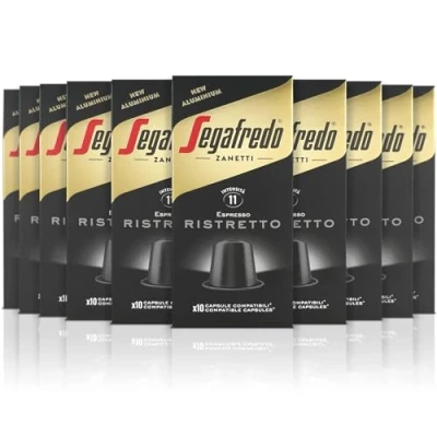 Image de Segafredo Zanetti Lot de 100 capsules en aluminium compatibles avec Nespresso Café Ristretto Gusto décisif et corsé (10 étuis 10 capsules) Convient pour les machines Original