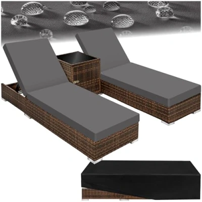 Image de TecTake® Set de 2X Chaise Longue Bain Soleil avec Dossier réglable + Table Jardin en Aluminium et Resine Tressee 2 Housses Housse Protection Piscine Balcon Noir/Marron