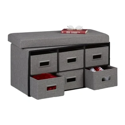 Image de Relaxdays Banc de Rangement avec tiroirs, 6 Compartiments, Rembourrage, HxLxP : 39 x 75,5 37 cm, entrée, Pliable, Gris
