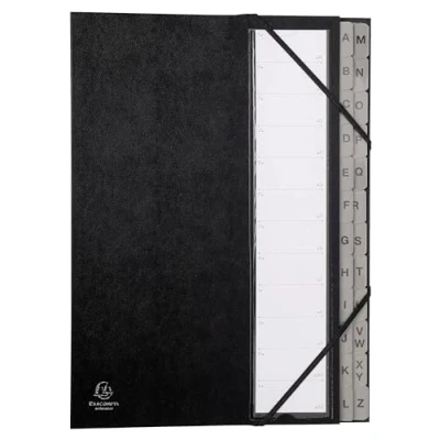 Image de Exacompta Réf. 56090E carton de 8 trieurs Ordonator avec élastiques couverture rigide en onglets imprimés plastifiés A à Z 24 compartiments dim 23,5x 33,5 cm pour A4 noir