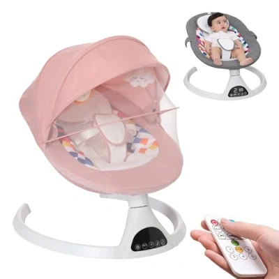 Image de Transat bebe,Balancelle bebe electrique avec Bluetooth,avec 5 vitesses de balancement,pliable,minuterie et télécommande,Transat balancelle bébé La Naissance,Charge max 12.5 kg (Rose)