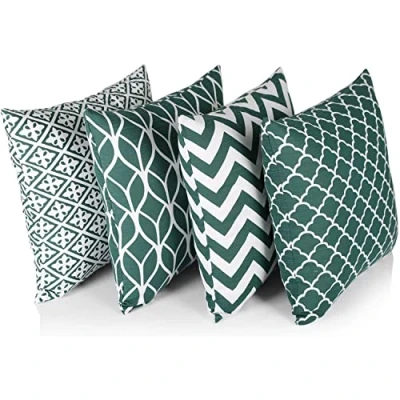 Image de Penguin Home 3479 Housse de Coussin carré décoratif Double Face 100% Coton avec Fermeture à glissière Invisible 45cm x 18 (Ensemble 4, Motif Vert forêt/Blanc), 45 X45 X1 cm