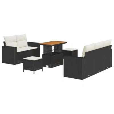 Image de Ensemble de canapés jardin 8 pièces avec coussins noir poly rattan acacia, salle à manger 3 3361560