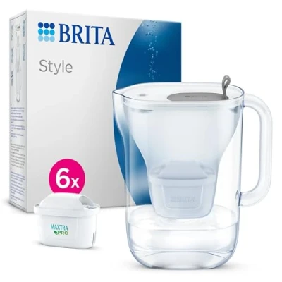 Image de BRITA Carafe Filtrante Style Grise (2,5l) incl 6 cartouches filtre eau robinet MAXTRA PRO All in 1 réduit PFAS*,calcaire, chlore, certaines impuretés et métaux indicateur temps volume versé