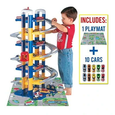Image de Garage à jouets 7 étages MOLTO avec 10 voitures et tapis de jeu Mixte Enfant Bleu, Jaune