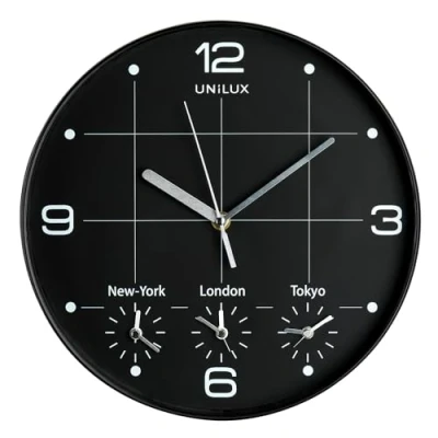 Image de Unilux on Time Horloge Murale Systeme Quartz avec 4 Fuseaux horaires Diamètre 30,5 cm Noir