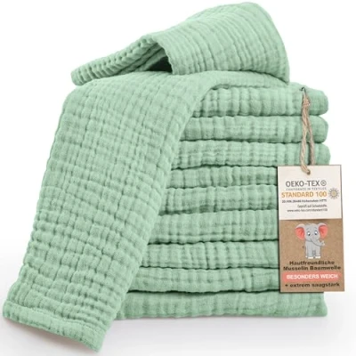 Image de LAYNENBURG Lot de 10 Linge Crachat Premium Bébé en Mousseline Extra Douce 100% Coton 30x50cm Oeko Tex 100 comme Langes Gaze ou Couches Tissu (Vert Menthe)