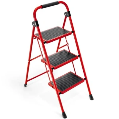 Image de KINGRACK Escabeau 3 Marches, Escabeaux Pliant avec Marchepied Antidérapant et Large, Petit Echelle Poignée, en Acier Robuste, Léger Portable, Rouge