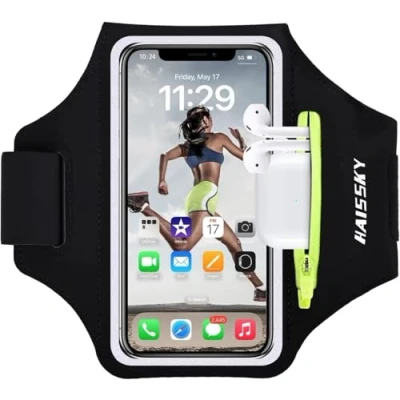 Image de Brassard de Sport avec Airpods clé Voiture Poche Zippée,Brassard téléphone résistant à l&#039;eau pour iPhone 15/14/14 Pro Max/13 Pro/12 Max/XR/XS Smartphone Running 6.8&quot; Jogging