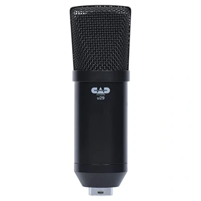 Image de CAD AUDIO U29 Microphone à condensateur grande membrane USB (cardioïde, 20 Hz kHz, convertisseur A/N intégré, pour MAC ou PC, incl : câble USB, pare brise, pince et support de table), Noir