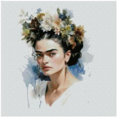 Image de Kit de broderie au point croix compté Frida dans une couronne, 100 % coton, 150 x points, 26 cm