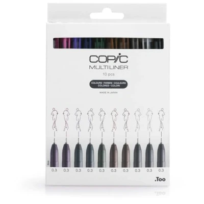 Image de Copic Multiliner Set « Colors », 10 Fineliner dans différentes couleurs, épaisseur de trait 0,3 mm, crayons à dessin avec une pointe fine et encre pigmentée résistante l&#039;eau