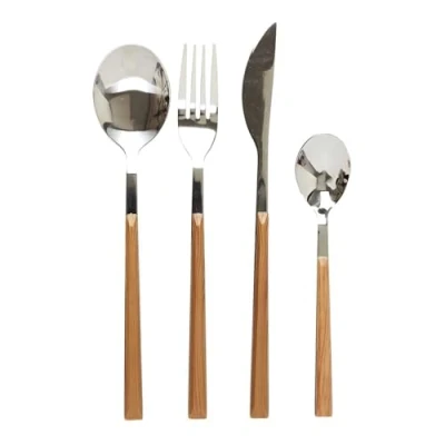 Image de HOME DECO FACTORY, KA5991, Ménagère Effet Bois 16 pièces, Design élégant en Acier Inoxydable, Durable et Pratique pour Tous Vos Repas, idéale Toutes Occasions, Marron, Argent