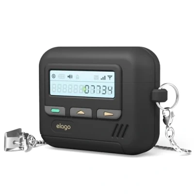Image de elago Coque Pager Compatible avec l&#039;étui AirPods 4ème Génération 4, Mousqueton Inclus, Résistant aux Chocs, Protection Complète, pour Hommes, Femmes (Noir)