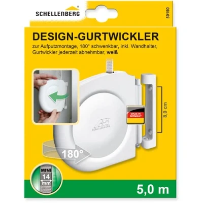Image de Schellenberg 50150 Enrouleur de sangle pour volet roulant Design Mini, avec 14 mm x 5 m et support mural, blanc